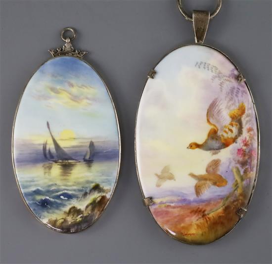 Two Royal Worcester oval porcelain plaques, 13 and 11cm including mounts